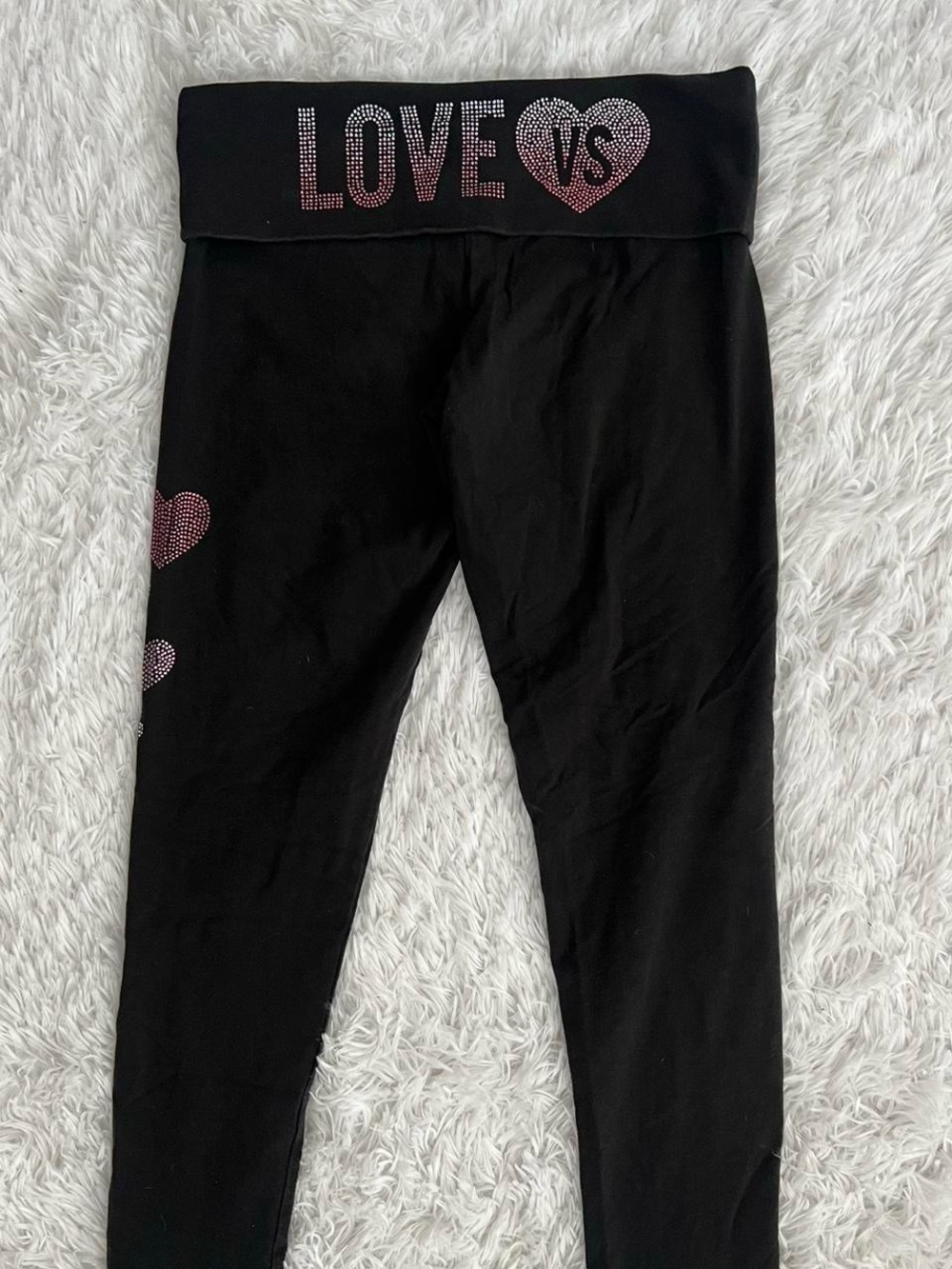 LOVE VS Black Foldover Stretch Leggings with Rhinestone Hearts